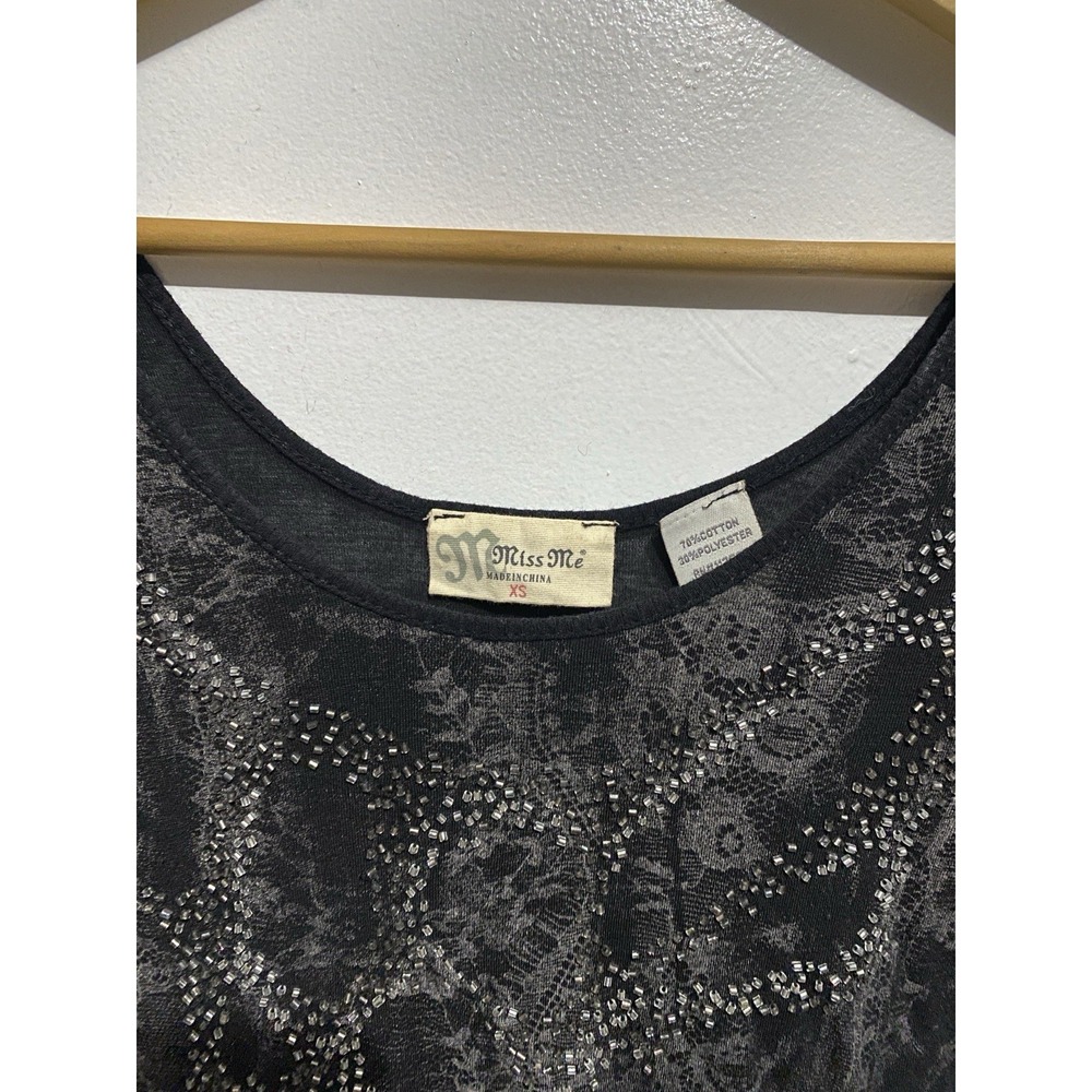 Y2K Miss Me XS Beaded Top Long Sleeve Fitted Grunge Whimsy Stretch - Picture 2 of 7